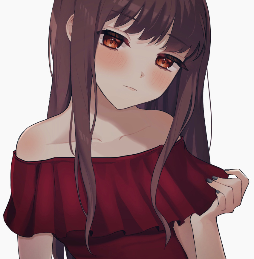 1girl, alternate_costume, bangs, bare_shoulders, black_nails, blush, brown_eyes, brown_hair, closed_mouth, collarbone, commentary_request, dress, eyebrows_visible_through_hair, grey_background, hand_up, highres, iino_miko, kaguya-sama_wa_kokurasetai_~tensai-tachi_no_renai_zunousen~, long_hair, looking_at_viewer, nail_polish, off-shoulder_dress, off_shoulder, ponzu_(udon), red_dress, short_sleeves, sidelocks, simple_background, smile, solo, upper_body