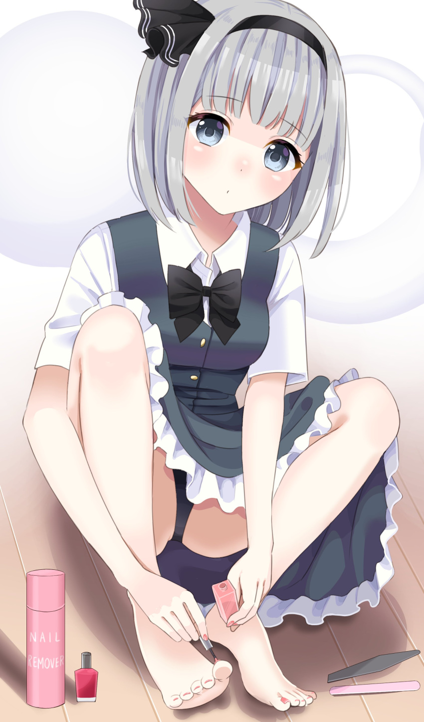 1girl, absurdres, bangs, barefoot, black_bow, black_panties, bow, dress