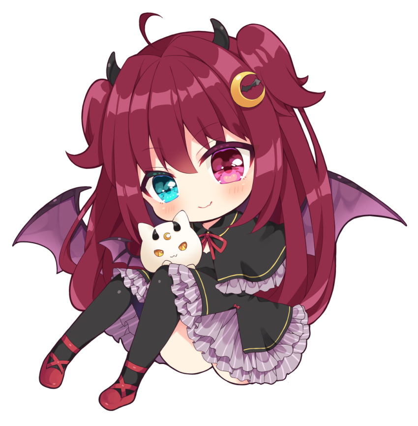 1girl, ahoge, animal, bangs, black_capelet, black_dress, black_legwear, blue_eyes