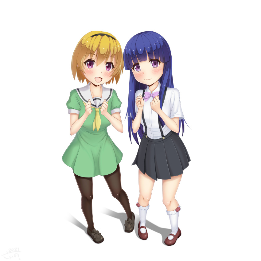 2girls, absurdres, black_footwear, black_legwear, black_skirt, blonde_hair, blue_hair, blush