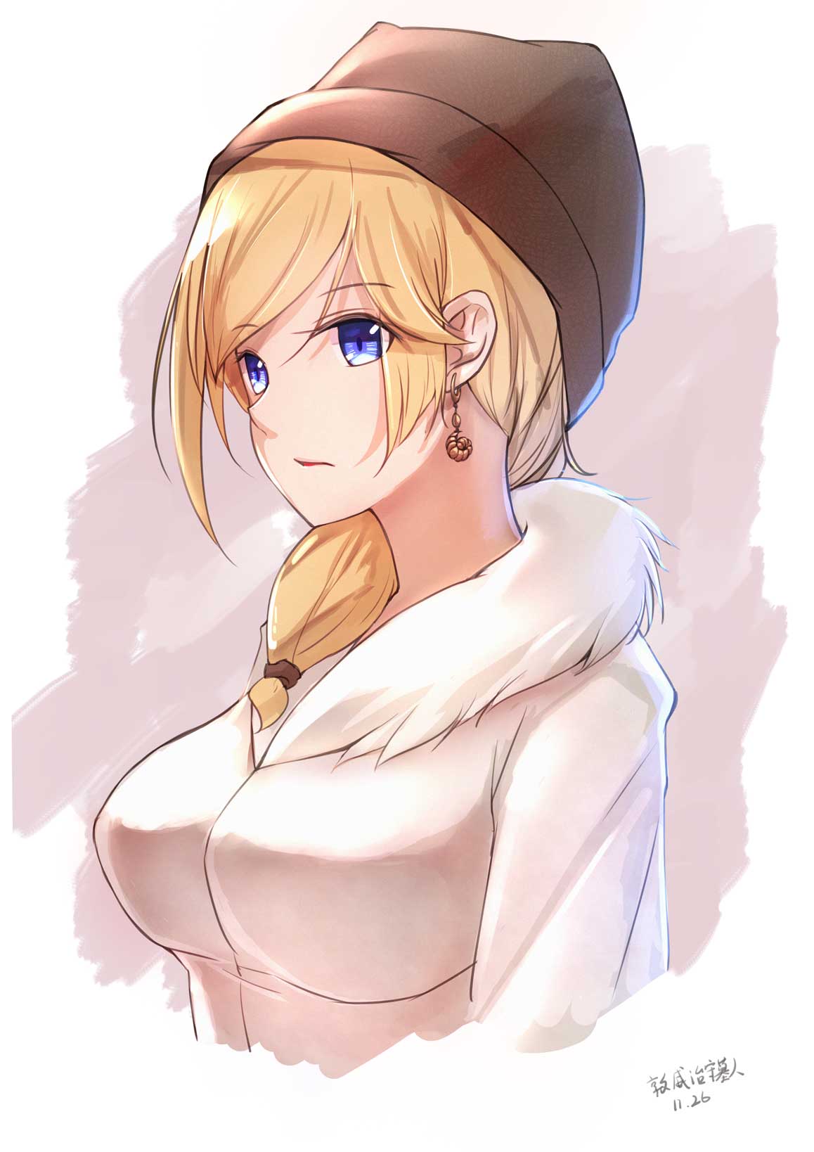 1girl, artist_name, bangs, blonde_hair, blue_eyes, breasts, brown_headwear, closed_mouth
