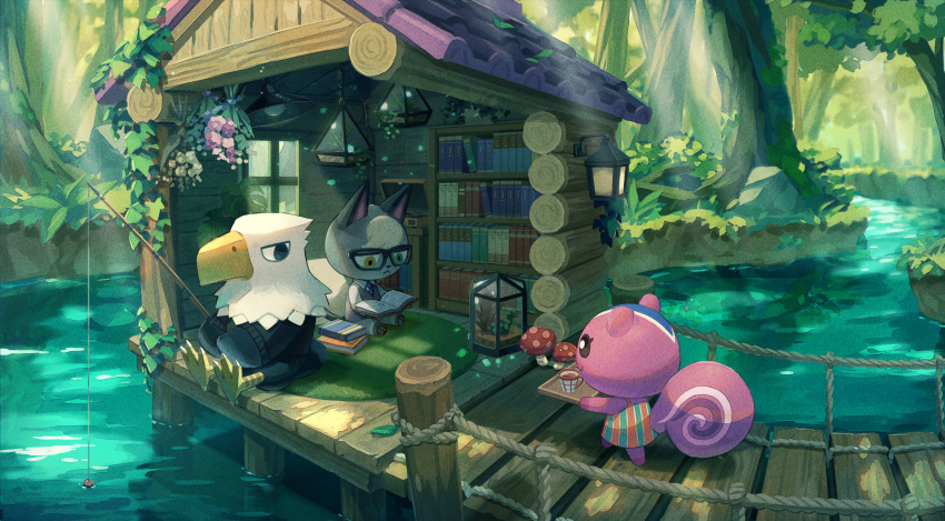 1girl, 2boys, animal_crossing, animal_ears, apollo_(animal_crossing), bangs, bird_boy, black-framed_eyewear