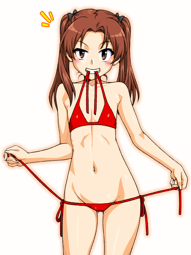 1girl, bikini, bikini_day, blush, bow, brown_eyes, brown_hair, eyebrows_visible_through_hair, girls_und_panzer, hair_bow, hair_ornament, kadotani_anzu, long_hair, looking_at_viewer, navel, oosaka_kanagawa, parted_lips, red_bikini, shiny, shiny_hair, side-tie_bikini, simple_background, smile, solo, standing, swimsuit, white_background