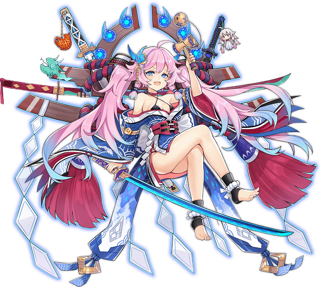 1girl, ahoge, amaterasu_(ark_order), ankle_rope, ark_order, artist_request, bangs, belt, black_bra, black_panties, blue_eyes, blue_hair, blue_kimono, bra, character_doll, gradient_hair, holding, holding_sword, holding_toy, holding_weapon, japanese_clothes, katana, kendama, kimono, long_hair, long_sleeves, multicolored_hair, obi, official_art, panties, pink_hair, print_kimono, rope, sash, shimenawa, sidelocks, solo, streaked_hair, susanoo_(ark_order), sword, tachi-e, toy, transparent_background, twintails, underwear, very_long_hair, wave_print, weapon, wide_sleeves