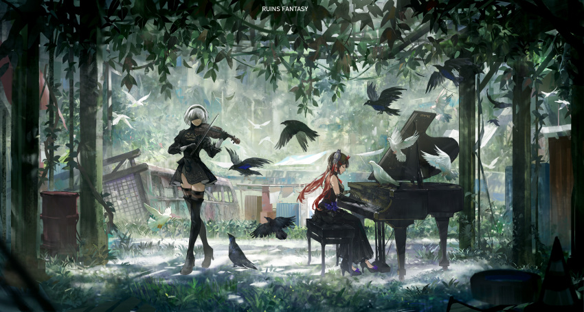 2girls, absurdres, bangs, bare_shoulders, bird, black_blindfold, black_dress, black_gloves