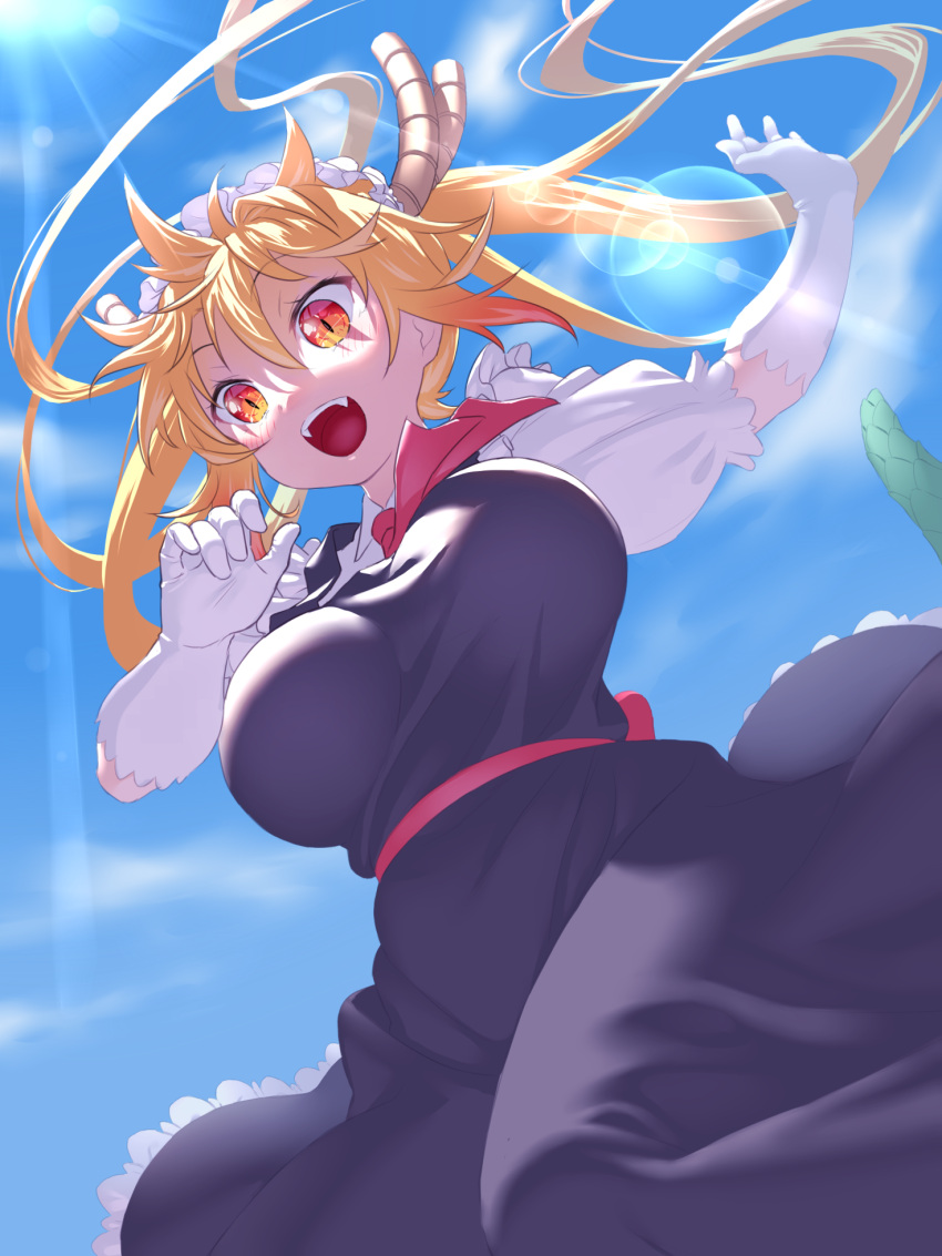 1girl, animal_ears, black_dress, blonde_hair, blue_sky, breasts, clouds, commentary