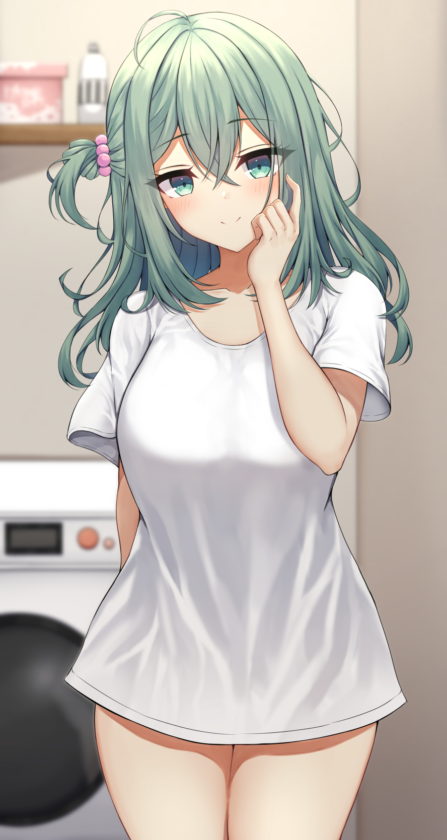 1girl, ahoge, aqua_eyes, arm_behind_back, bangs, blush, breasts, closed_mouth, collared_shirt, cowboy_shot, eyebrows_visible_through_hair, green_hair, hand_up, highres, indoors, long_hair, looking_at_viewer, medium_breasts, no_pants, one_side_up, riddle_joker, ryakusun, shikibu_mayu, shirt, short_sleeves, smile, solo, thighs, washing_machine, white_shirt