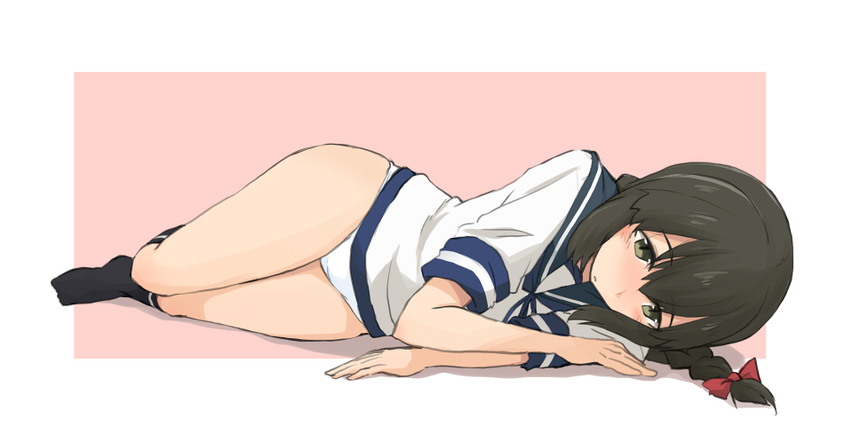 1girl, black_hair, black_legwear, blue_sailor_collar, border, braid, brown_eyes, hair_between_eyes