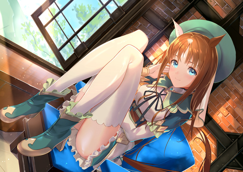 1girl, animal_ears, beret, blue_eyes, blush, brown_hair, closed_mouth, grass_wonder_(umamusume)