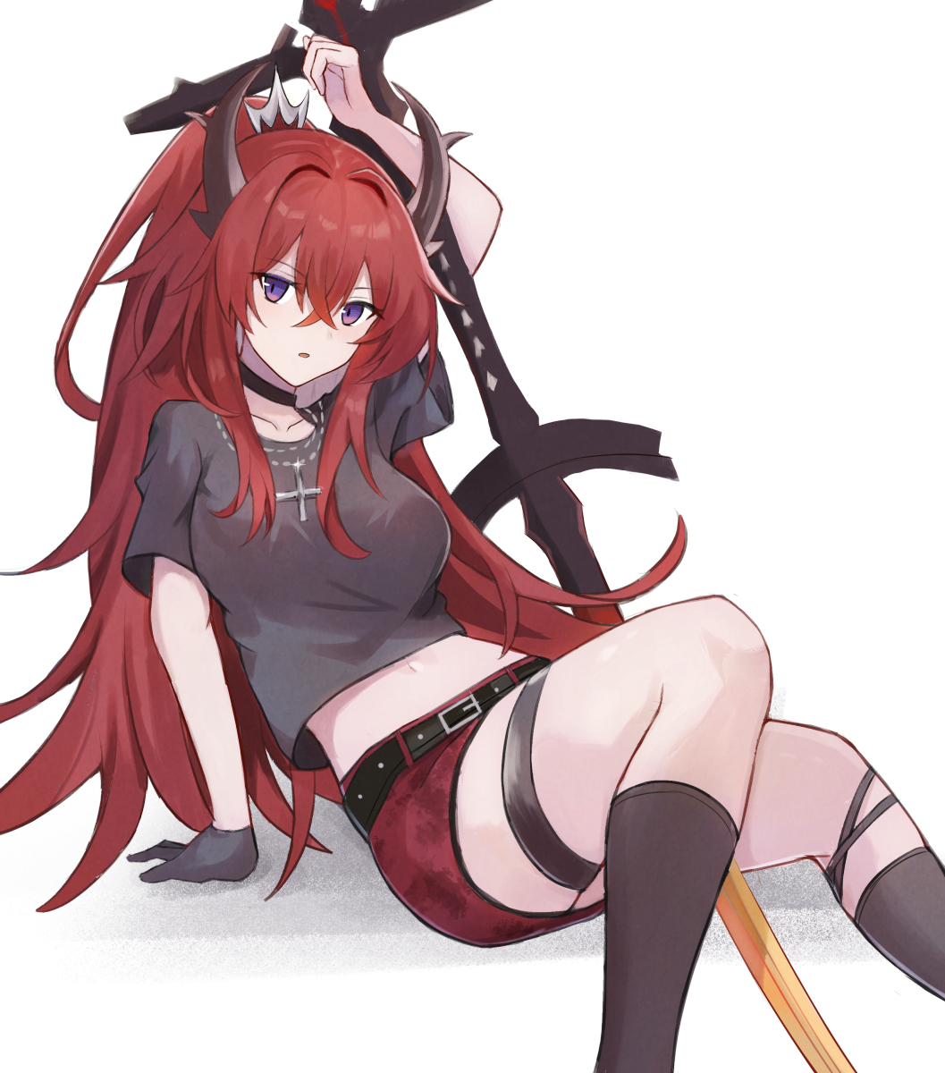 1girl, arknights, arm_support, bangs, belt, black_belt, black_choker, black_gloves
