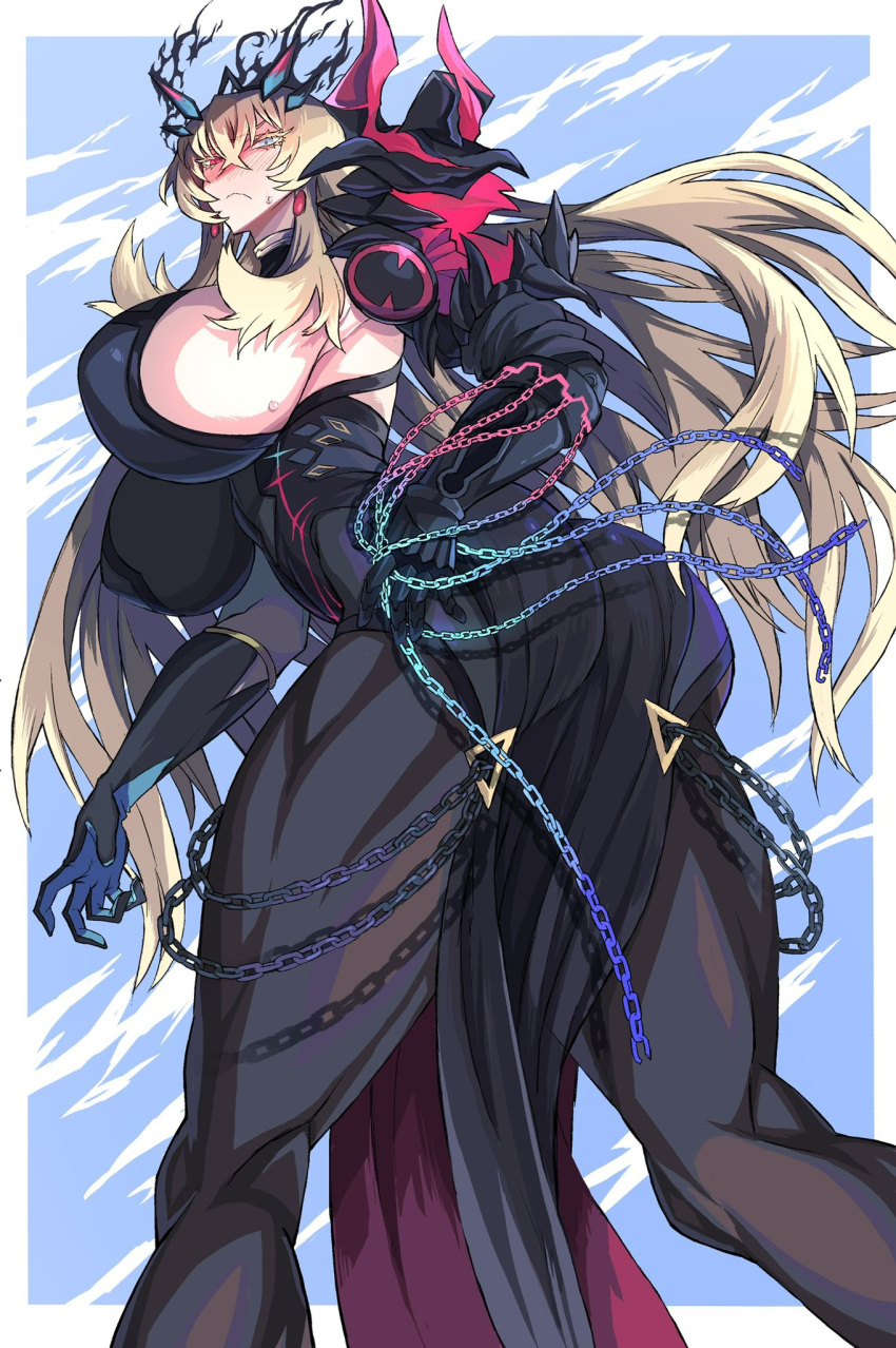 10den, 1girl, ass, asymmetrical_clothes, backless_outfit, blonde_hair, bodystocking, breasts