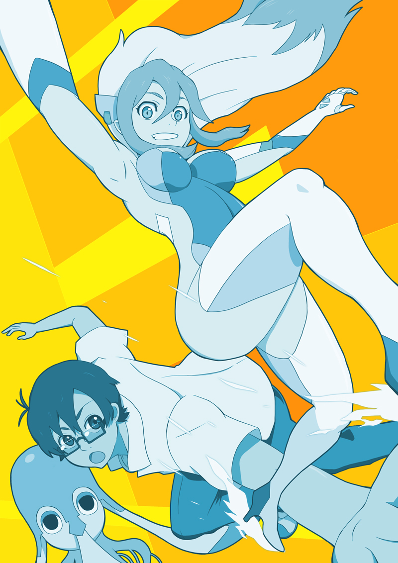 biginaa, birdy_cephon_altirra, blue, glasses, monochrome, orange_background, senkawa_tsutomu, skin_tight