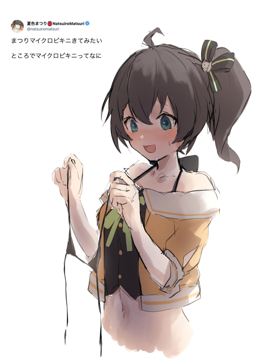 1girl, ahoge, bikini, black_bikini, black_halter_top, blue_eyes, blush, breasts