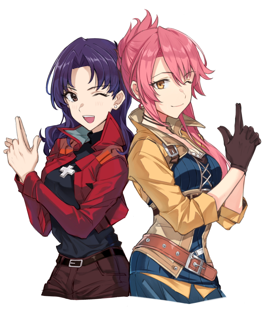 2girls, ;d, back-to-back, bangs, belt, black_gloves, black_shirt, blue_shirt