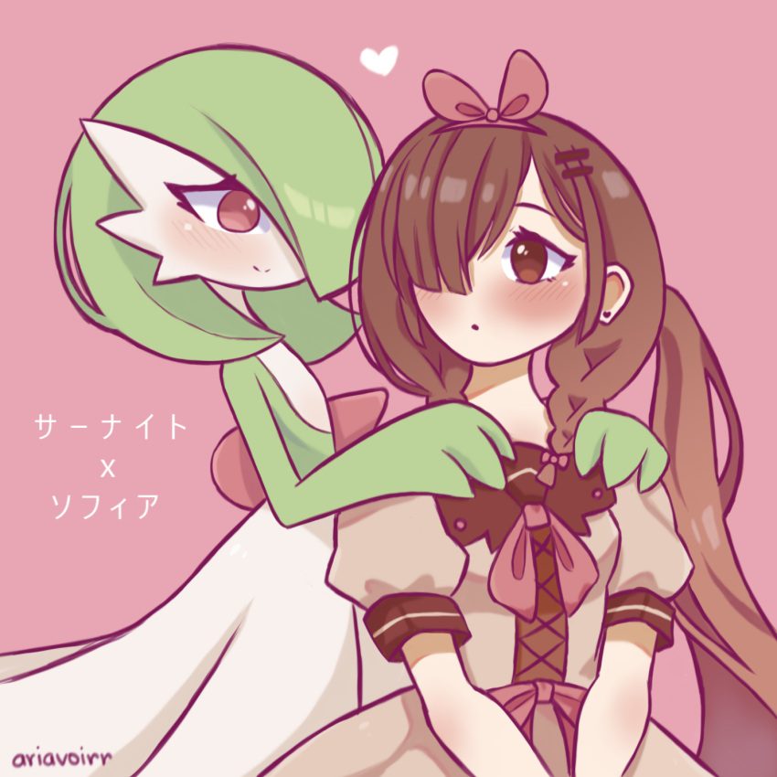 2girls, artist_name, bangs, bellavoirr, blush, bob_cut, braid, breasts, brown_dress, brown_eyes, brown_hair, closed_mouth, colored_skin, commentary, dress, earrings, english_commentary, eye_contact, flat_chest, gardevoir, gen_3_pokemon, green_hair, green_skin, hair_ornament, hair_over_one_eye, hairband, hairclip, hands_on_another's_shoulders, hands_up, happy, highres, jewelry, long_hair, looking_at_another, multicolored, multicolored_skin, multiple_girls, open_mouth, original, pink_background, pink_hairband, pokemon, pokemon_(creature), ponytail, puffy_short_sleeves, puffy_sleeves, red_eyes, shiny, shiny_hair, short_hair, short_sleeves, sidelocks, signature, simple_background, small_breasts, smile, sofia_(bellavoirr), standing, stud_earrings, tied_hair, twin_braids, two-tone_skin, upper_body, v_arms, very_long_hair, white_skin, yuri