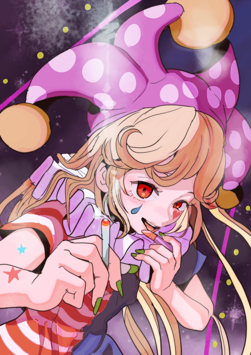 1girl, 3735geriragouki, absurdres, american_flag_dress, applying_makeup, bangs, between_fingers, blonde_hair