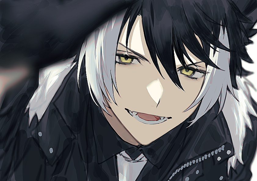 1boy, black_hair, black_jacket, black_shirt, close-up, collared_shirt, fur_trim, holostars