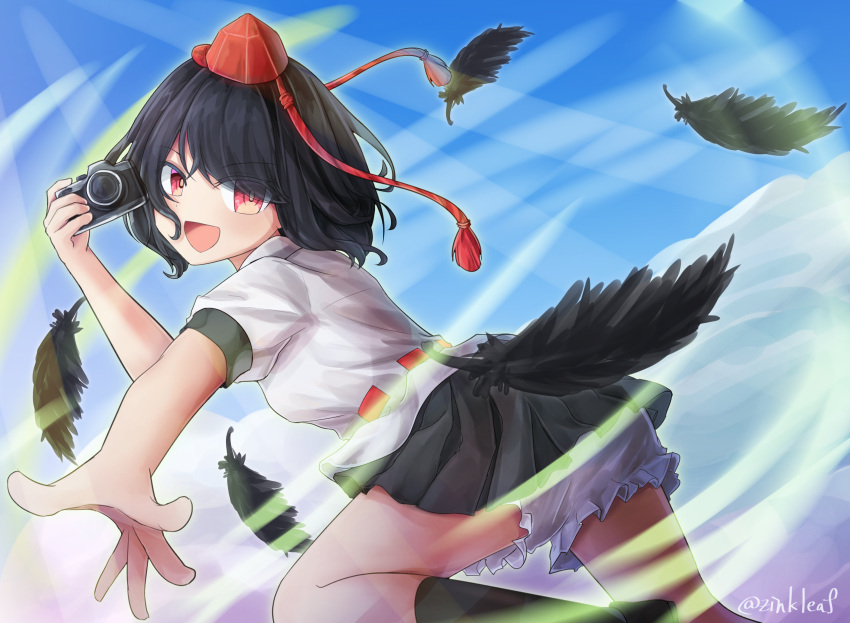 1girl, absurdres, arm_up, artist_name, bangs, black_hair, black_legwear, black_skirt