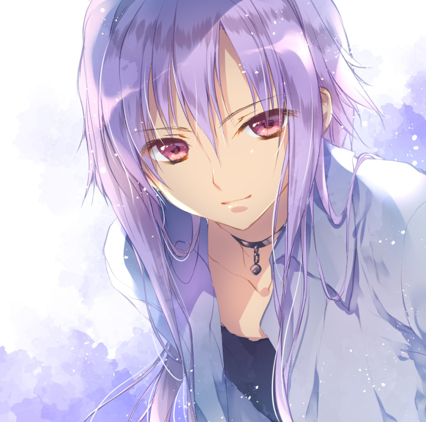 1boy, black_shirt, blue_shirt, choker, collarbone, eyebrows_visible_through_hair, hair_between_eyes, izumi_yura, leaning_forward, lips, long_hair, long_sleeves, looking_at_viewer, lucid_atray, purple_hair, shirt, simple_background, solo, upper_body, violet_eyes, yuukyuu_gensoukyoku
