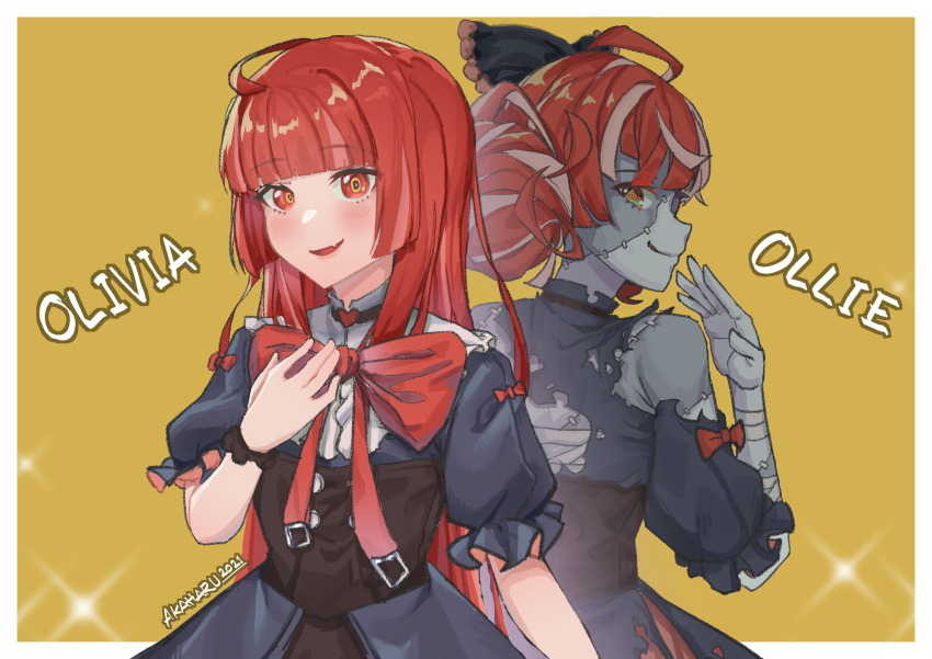2girls, absurdres, ahoge, akaharuu, artist_name, bandaged_arm, bandages, bangs
