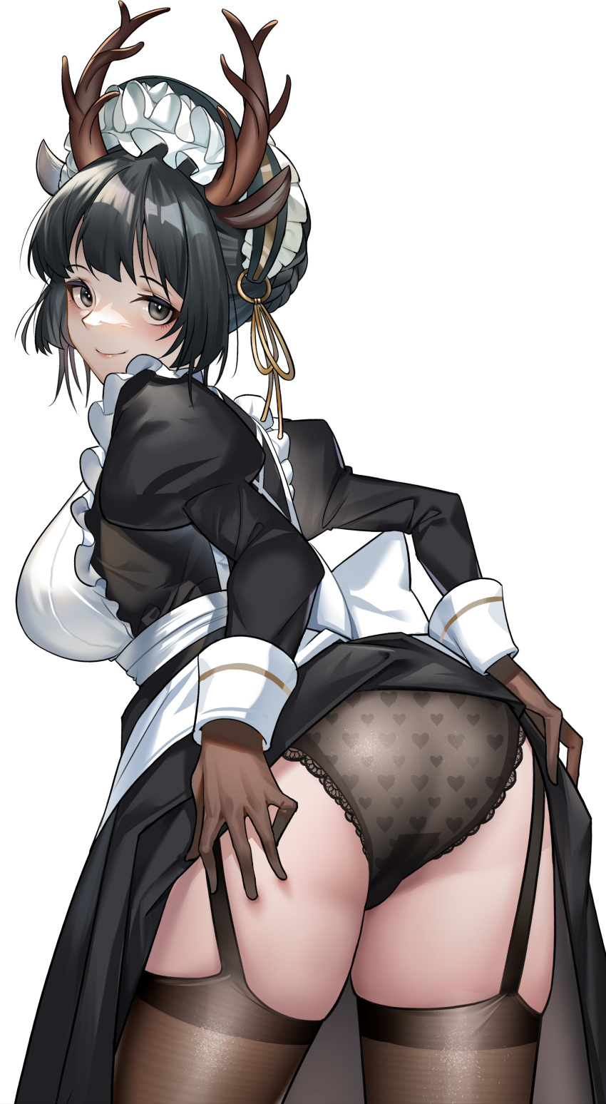 1girl, absurdres, animal_ears, antlers, apron, arknights, ass, black_eyes