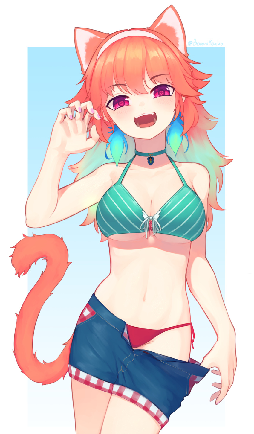 1girl, animal_ears, aqua_bikini, bikini, bikini_under_clothes, breasts, cat_ears, cat_tail