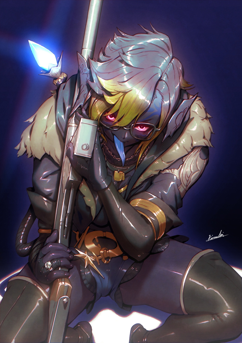 1girl, assault_rifle, au_ra, black_hair, blonde_hair, blue_tongue, boots, colored_skin, colored_tongue, fictional_persona, final_fantasy, final_fantasy_xiv, fingernails, fisheye, forehead_tattoo, fur_trim, glasses, gloves, glowing, glowing_eyes, gun, head_tilt, highres, holding, holding_weapon, jewelry, kio_naoki, leaning_forward, long_tongue, looking_at_viewer, machinist_(final_fantasy), medium_hair, multicolored_hair, necklace, open_mouth, pink_eyes, purple_skin, rifle, shiny, shiny_clothes, shiny_hair, short_shorts, shorts, smile, solo, squatting, tattoo, thigh-highs, thigh_boots, tongue, tongue_out, two-tone_hair, v-shaped_eyebrows, vest, weapon