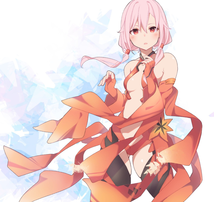 1girl, bare_shoulders, blush, breasts, center_opening, cowboy_shot, detached_sleeves, fingerless_gloves, gloves, guilty_crown, hair_ornament, hairclip, highres, long_hair, looking_at_viewer, medium_breasts, mikokomiyazawa, open_mouth, pink_hair, red_eyes, skindentation, solo, twintails, yuzuriha_inori