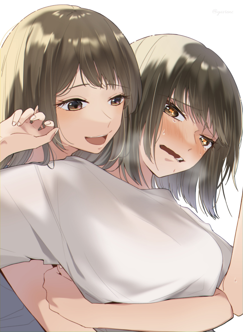 2girls, absurdres, bangs, blush, breasts, brown_eyes, brown_hair, commentary_request, embarrassed, eyebrows_visible_through_hair, gavienc, hands_up, heart, heart-shaped_pupils, highres, hug, hug_from_behind, medium_breasts, multiple_girls, open_mouth, original, shirt, short_hair, short_sleeves, simple_background, smile, sweat, symbol-shaped_pupils, twitter_username, upper_body, wavy_mouth, white_background, white_shirt, yuri