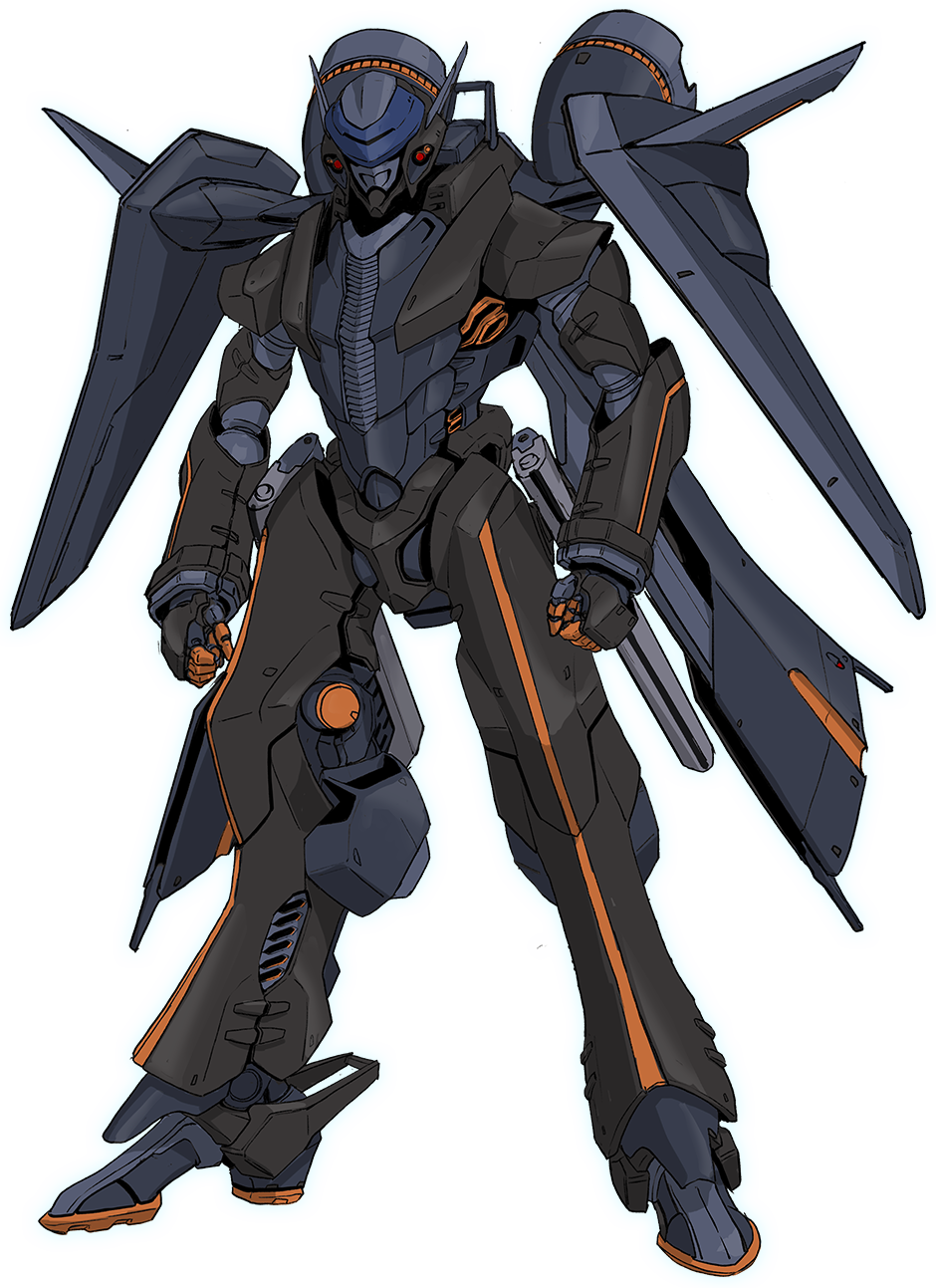 clenched_hands, highres, looking_ahead, mecha, mechanical_wings, no_humans, official_art, science_fiction, solo, standing, super_robot_wars, super_robot_wars_t, tenjin_hidetaka, transparent_background, tyranado, visor, wings