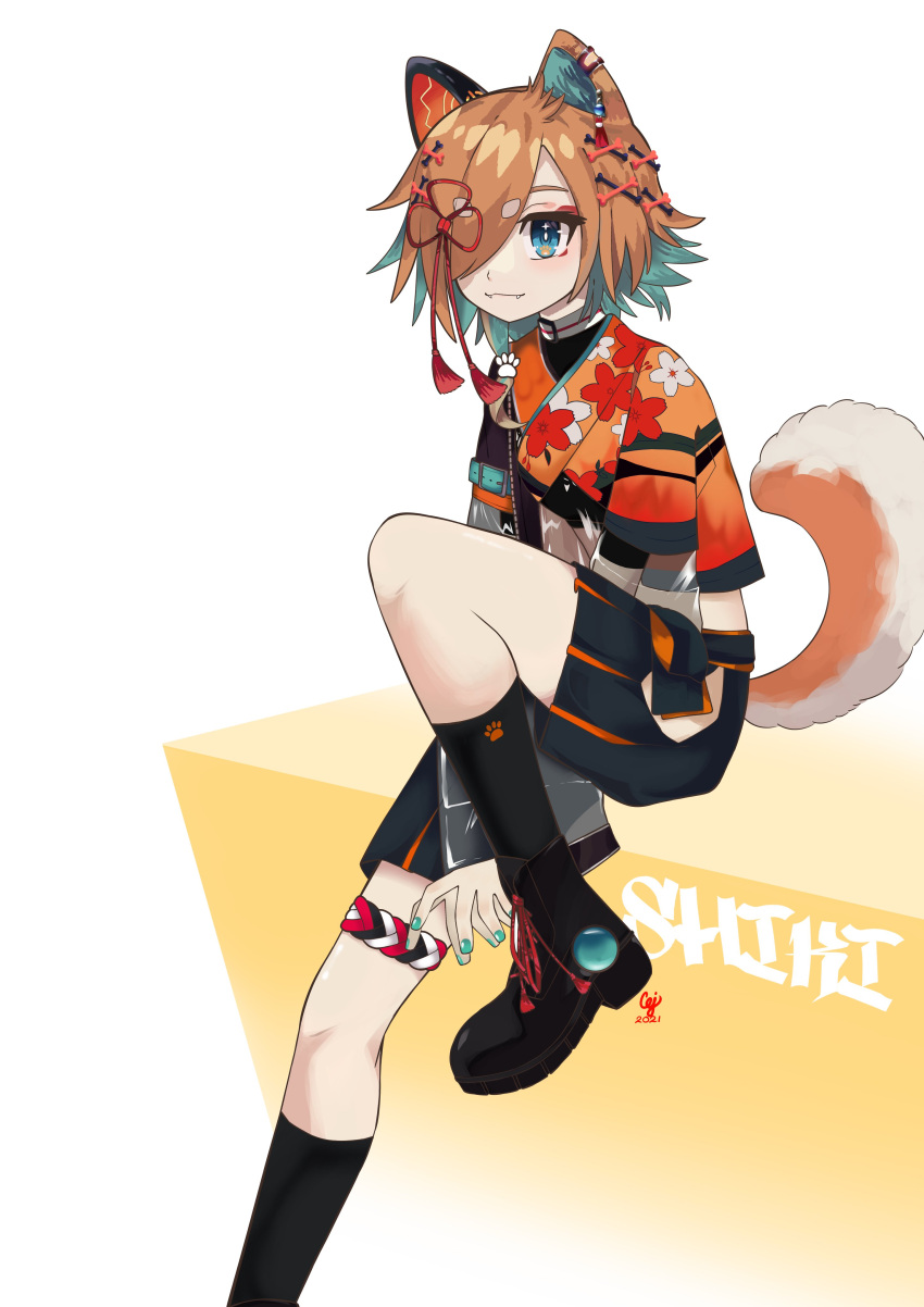 1girl, 2021, absurdres, animal_ears, blue_eyes, boots, brown_hair, character_name, dated, dog_ears, dog_girl, dog_tail, english_commentary, fangs, hair_over_one_eye, highres, kneehighs, looking_at_viewer, miyoshino_shiki, power_symbol, prism_project, sakanayukii, short_hair, sitting, solo, tail, virtual_youtuber, watermark