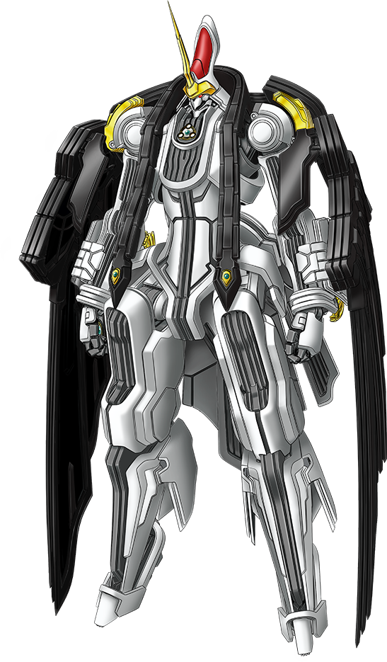 asai_masaki, clenched_hands, horns, looking_ahead, mecha, mechanical_wings, no_humans, official_art, red_eyes, science_fiction, single_horn, solo, super_robot_wars, super_robot_wars_x, transparent_background, wings, xelguard