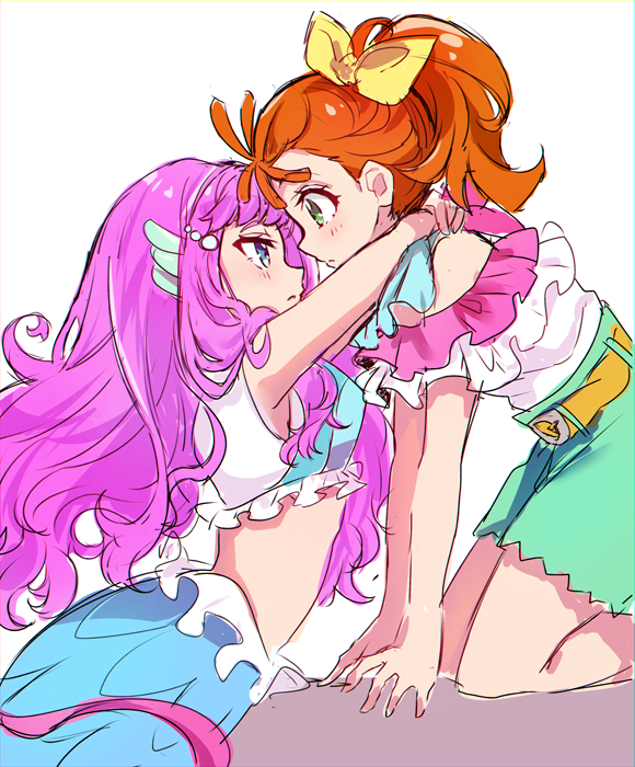 2girls, arms_around_neck, belt, belt_buckle, blue_eyes, blush, buckle, eru