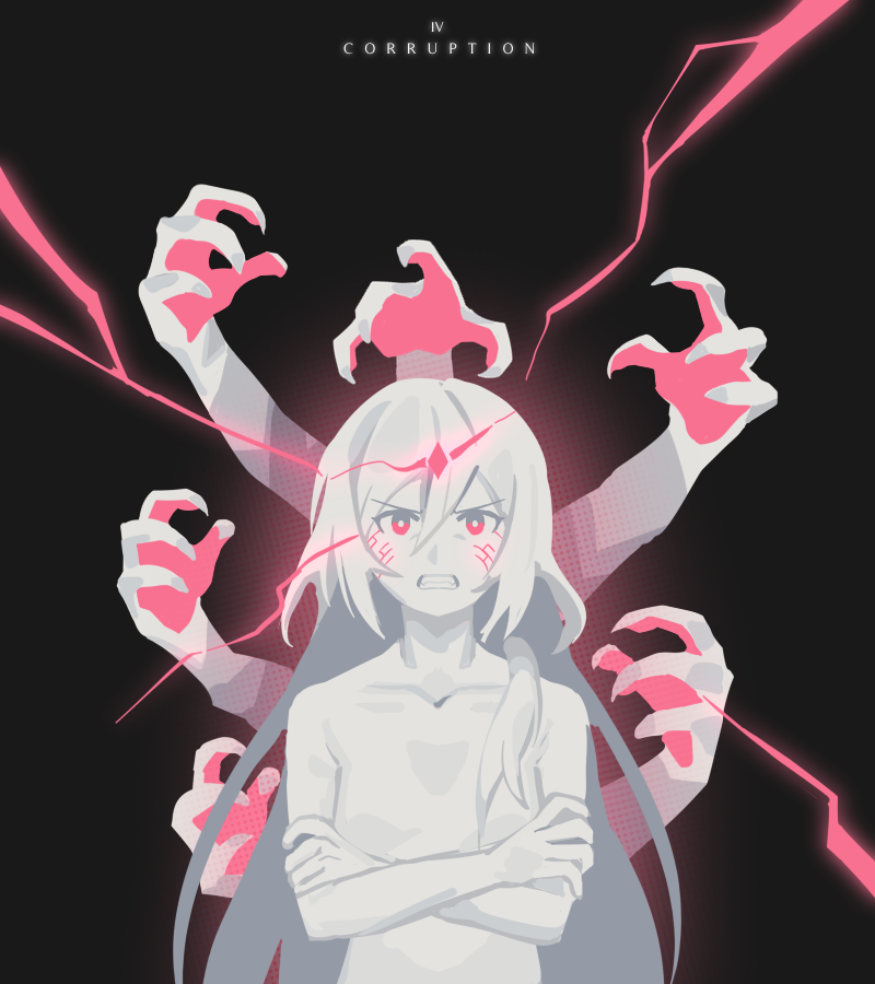 1girl, angry, bangs, black_background, fu_hua, fu_hua_(herrscher_of_sentience), glowing, hair_between_eyes, honkai_(series), honkai_impact_3rd, long_hair, multiple_hands, open_mouth, pale_skin, red_eyes, simple_background, solo, teeth, v-shaped_eyebrows, white_hair, white_legwear, zaraku