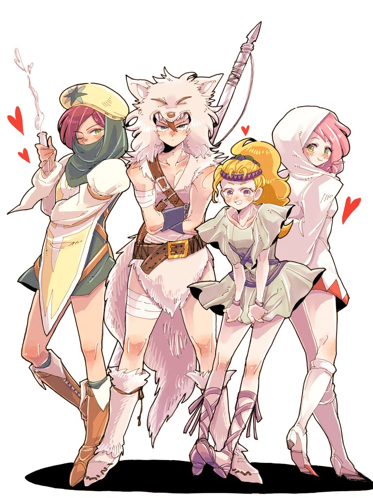 1boy, 3girls, animal_ears, bard_(final_fantasy), bare_legs, belt, berserker_(final_fantasy), blonde_hair
