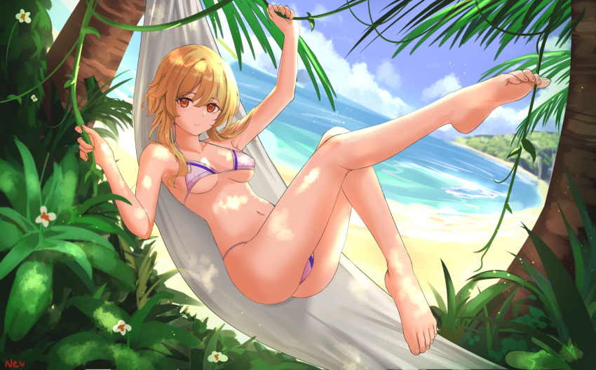 1girl, bare_legs, bare_shoulders, barefoot, beach, bikini, blonde_hair, blue_sky
