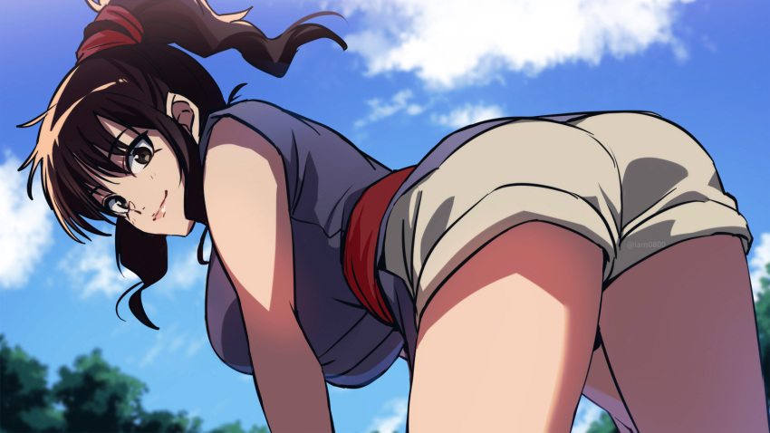 1girl, asada_hachi, ass, bangs, banned_artist, basilisk_(manga), bent_over, blue_sky, blurry, blurry_background, breasts, brown_eyes, brown_hair, closed_mouth, clouds, commentary_request, grey_shorts, hair_between_eyes, highres, japanese_clothes, kimono, large_breasts, light_blush, lips, long_hair, looking_at_viewer, looking_back, okoi, outdoors, ponytail, purple_kimono, red_sash, sash, shadow, short_kimono, shorts, sky, smile, solo, twitter_username, watermark
