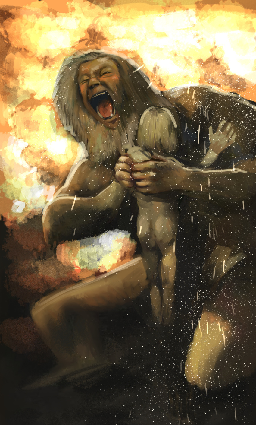 2boys, absurdres, beard, blonde_hair, chanta_(ayatakaoisii), child, closed_eyes, explosion