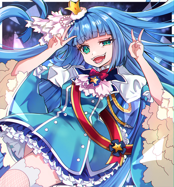 1girl, blue_dress, blue_hair, crown, dress, eru, fang, fishnet_legwear