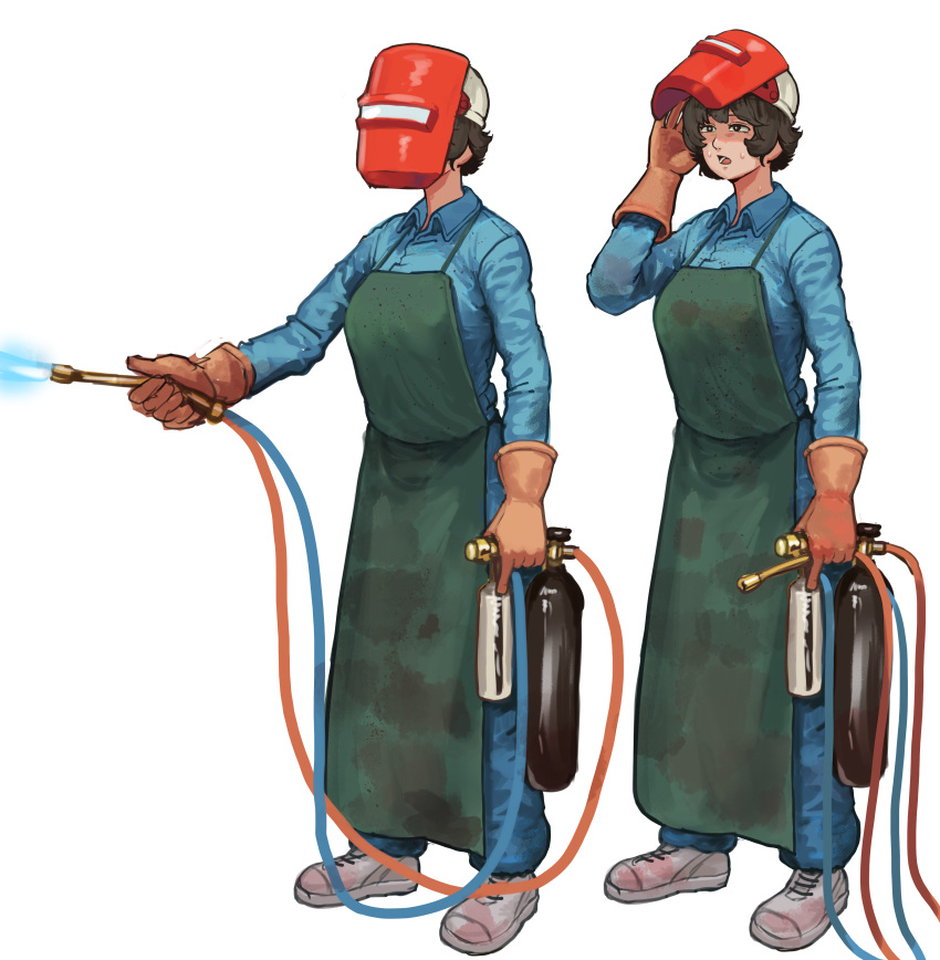 1girl, absurdres, apron, black_apron, black_hair, blue_pants, blue_shirt, chanta_(ayatakaoisii)