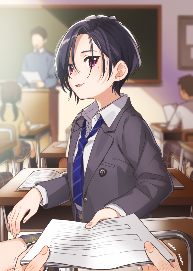 2boys, 2girls, black_hair, blazer, blue_neckwear, blurry, blurry_background, booota