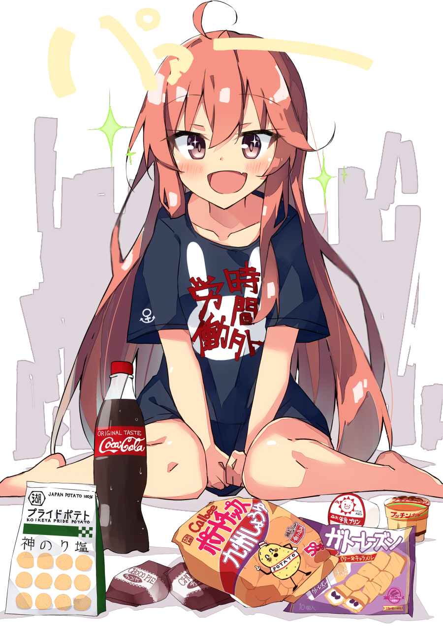 1girl, :d, ahoge, bag_of_chips, bangs, barefoot, beritabo, between_legs