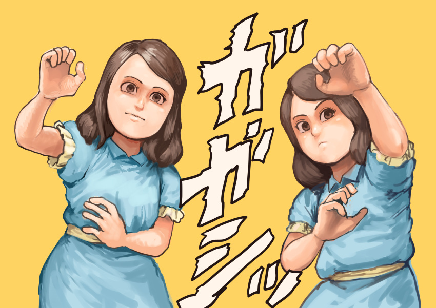 2girls, absurdres, arms_up, blue_dress, brown_eyes, brown_hair, chanta_(ayatakaoisii), collared_dress