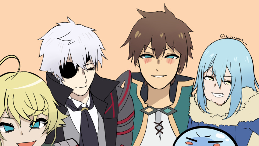 1girl, 1other, 2boys, arifureta_shokugyou_de_sekai_saikyou, blonde_hair, blue_hair, brown_hair, crossover, isekai_quartet, kono_subarashii_sekai_ni_shukufuku_wo!, lilycious, me_and_the_boys, meme, multiple_boys, nagumo_hajime, parody, rimuru_tempest, satou_kazuma, tanya_degurechaff, tensei_shitara_slime_datta_ken, white_hair, youjo_senki