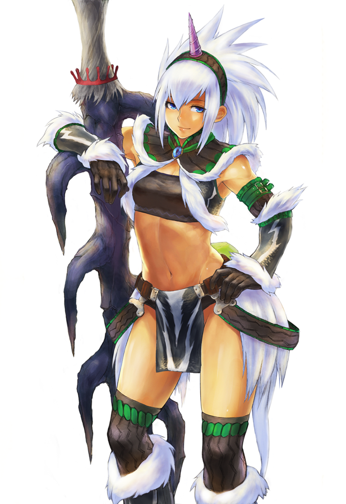 guchico, hairband, hand_on_hip, horn, horns, kirin, kirin_(armor), light_smile, loincloth, molze, monster_hunter, navel, seven-branched_sword, solo, tan, weapon, white_hair