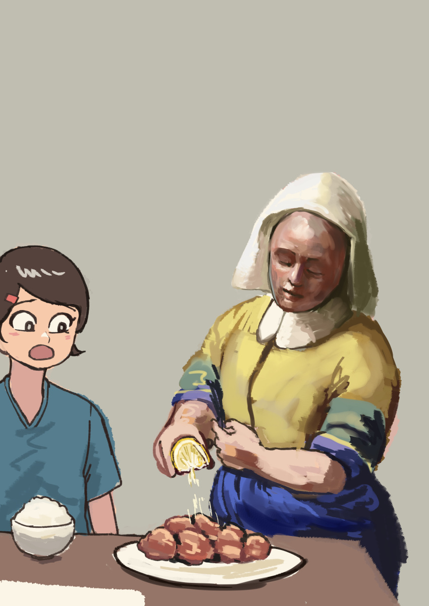 2girls, absurdres, blue_shirt, bowl, brown_hair, chanta_(ayatakaoisii), fine_art_parody, food