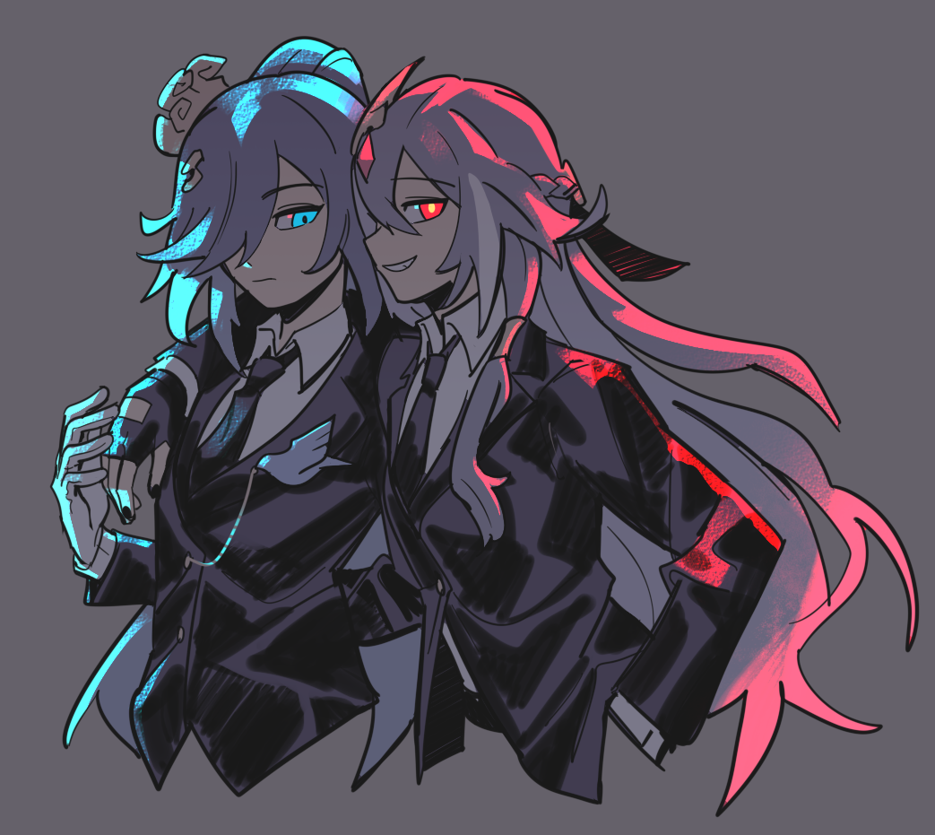 2girls, bangs, black_gloves, black_hair, black_nails, blue_eyes, closed_mouth, coat