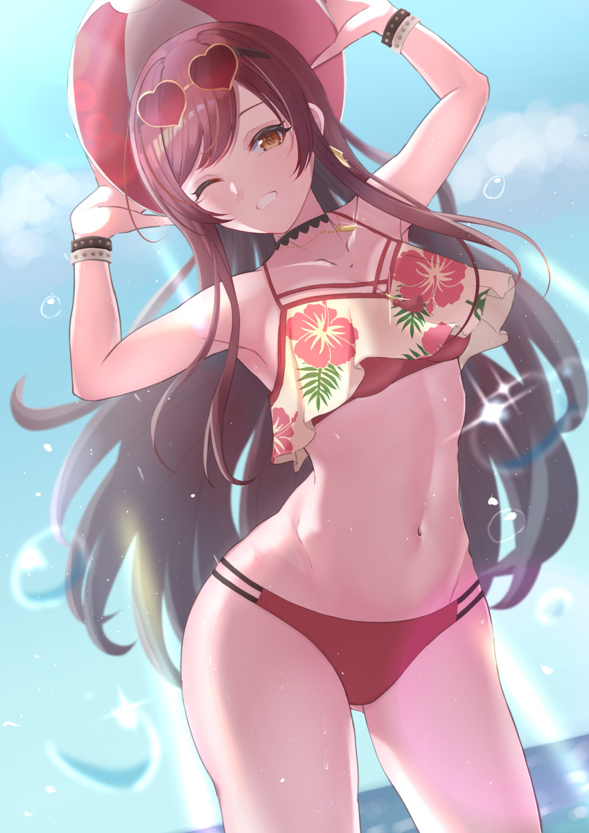 1girl, absurdres, adjusting_clothes, adjusting_headwear, bikini, breasts, choker, day