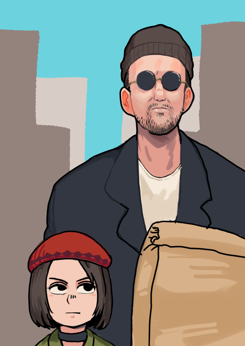 1boy, 1girl, absurdres, bag, beanie, beard, black_headwear, black_jacket