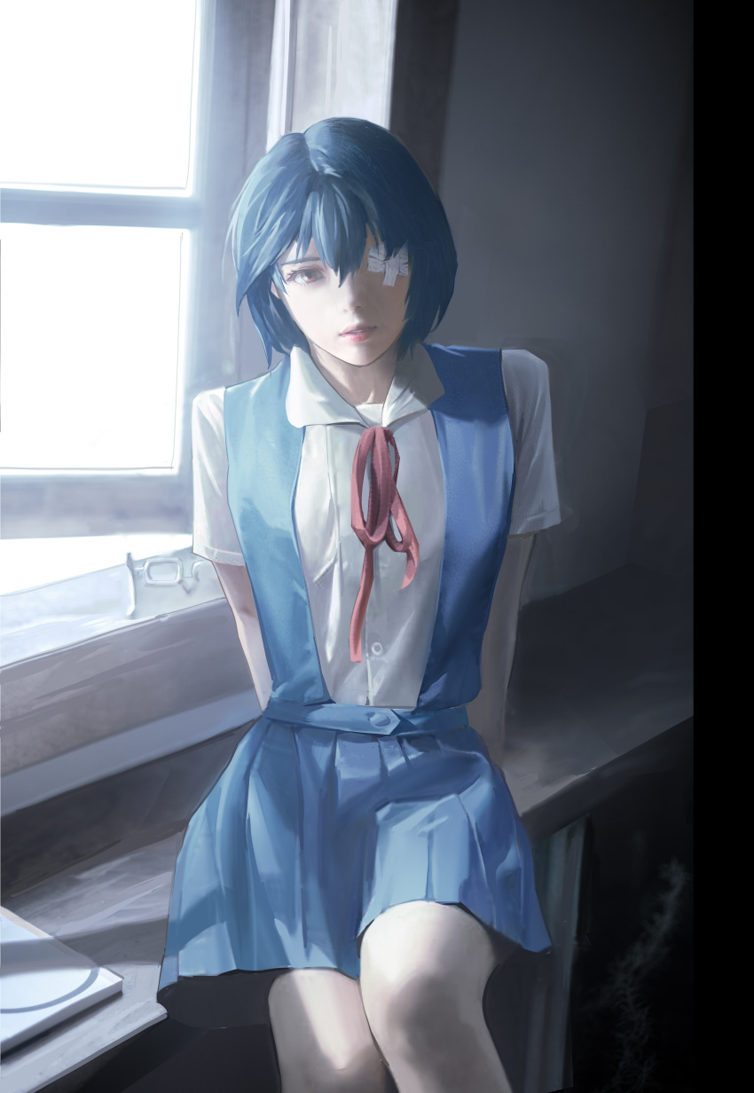 1girl, absurdres, ayanami_rei, bandage_over_one_eye, bangs, blue_hair, blue_skirt, butter_squid